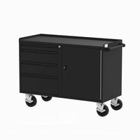 48 Inch Valley Craft Workbench With Three Drawers On The Left And A Lockable Door On The Right Equipped With Four Caster Wheels And A Side Handle