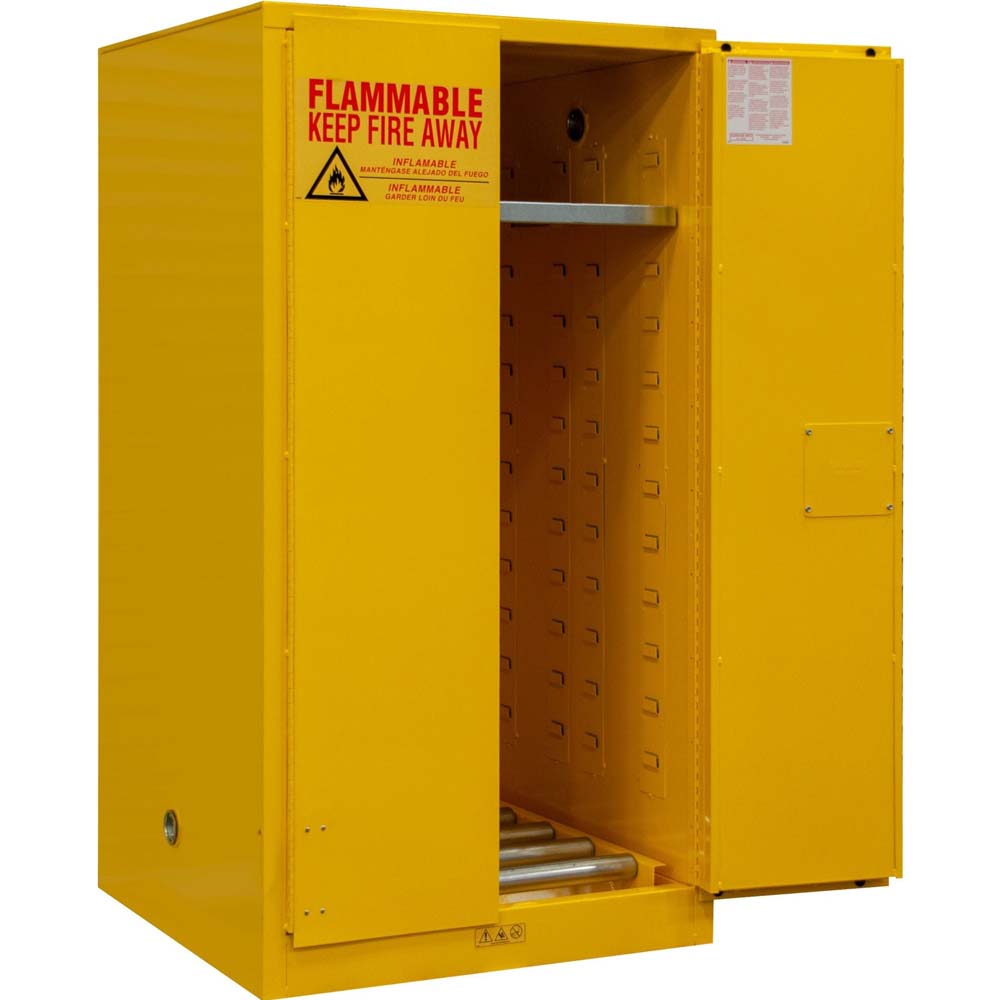 55 Gallon Flammable Storage Durham With An Open Door Labeled “FLAMMABLE KEEP FIRE AWAY”