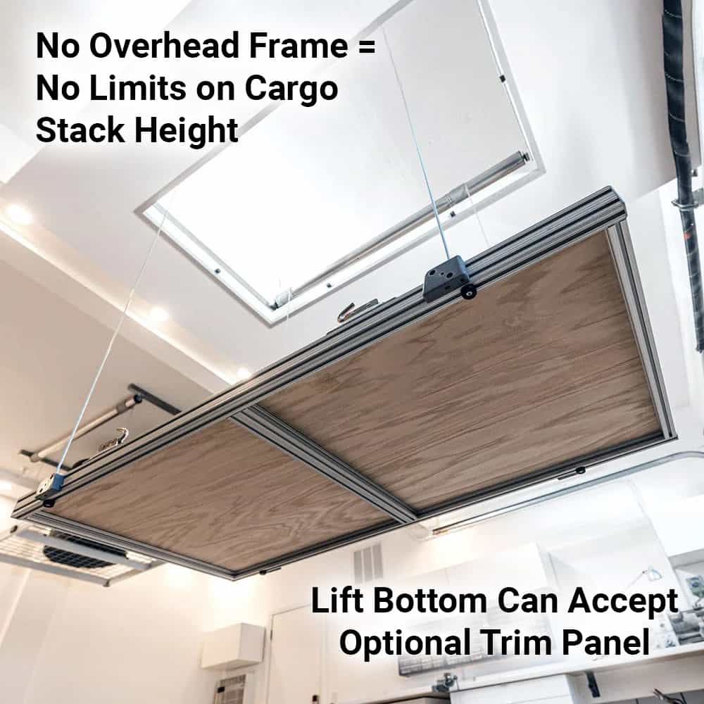 Auxx-Lift platform descending from open ceiling hatch, no overhead frame.