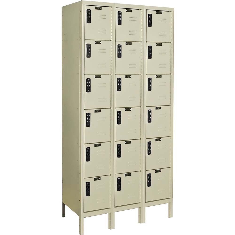 6-Tier DigiTech Locker 3-Wide Unassembled With Three Columns And Five Rows Of Compartments Each Featuring A Combination Lock