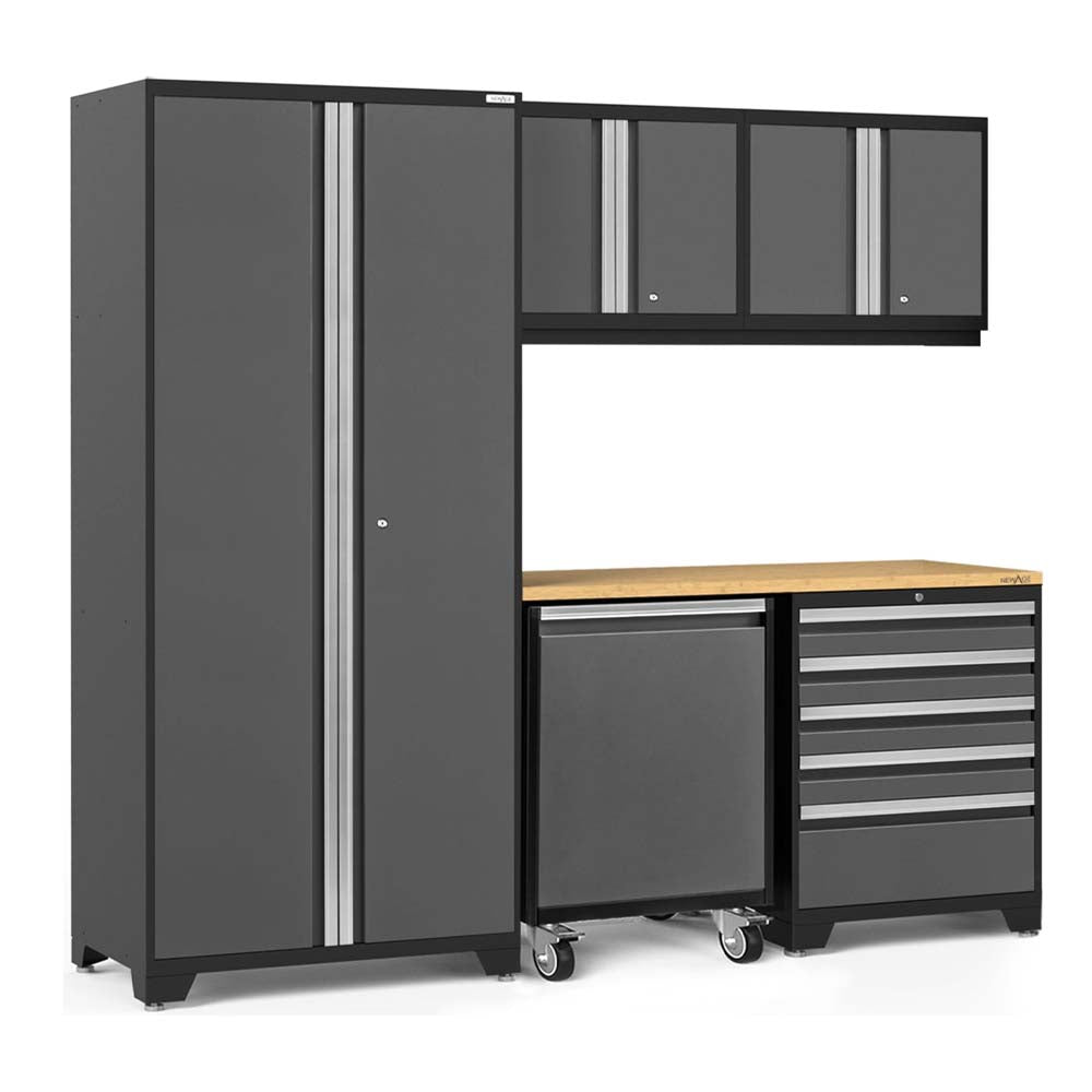 6 Piece Garage Cabinet Set Pro 3.0 With Utility Cart Featuring Tall Cabinets, Upper Wall Cabinets, Workbench, And Rolling Tool Chest