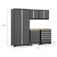 6 Piece Garage Storage Set Pro 3.0 Series With Utility Cart With Overall Dimensions Of 84 3/4 Inches In Height, 92 Inches In Width, And 24 Inches In Depth