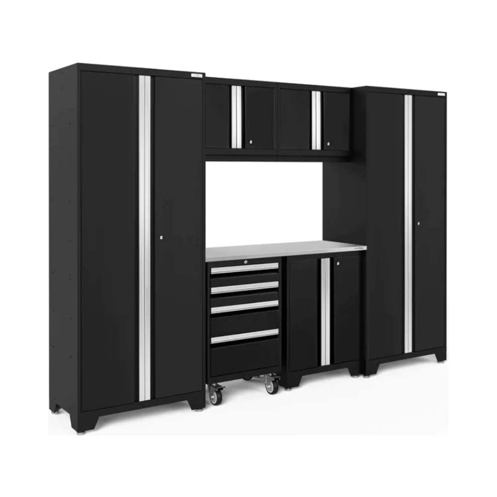 7 Piece Garage Cabinet Set Bold 3.0 Series Consisting Of Two Tall Multi Use Lockers, Two Wall Mounted Cabinets, And A Central Worktop