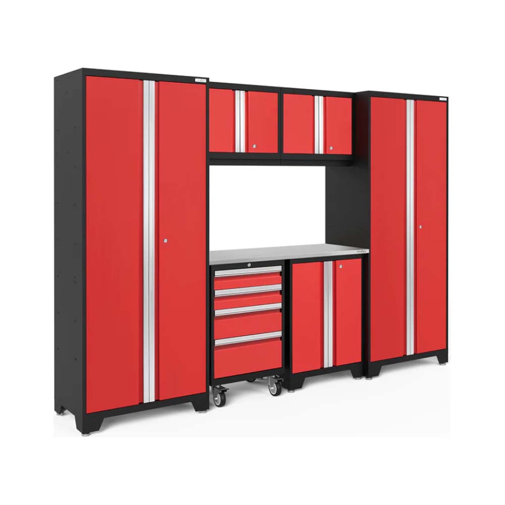 7 Piece Garage Cabinet Set Bold 3.0 Series Featuring A Combination Of Tall Cabinets, Wall Mounted Cabinets, A Workbench, And A Rolling Tool Chest