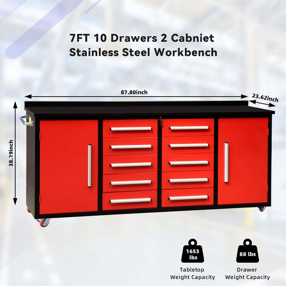 7ft Stainless Steel Workbench With Two Side Cabinets Ten Center Drawers And Annotated Dimensions