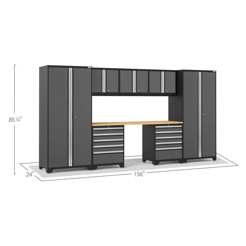 8 Piece Garage Cabinet Set Pro 3.0 With 2X 5 Drawer Tool Cabinets Featuring Tall Cabinets, Upper Cabinets, A Wooden Worktop, And Two Drawer Units