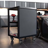 9 Piece Garage Cabinet Set Pro 3.0 Series With Utility Cart With A Red Power Drill On One Of Its Shelves
