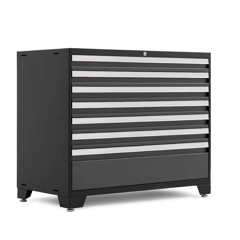 A Black Metal Tool Cabinet With Multiple Drawers Sits On Adjustable Feet