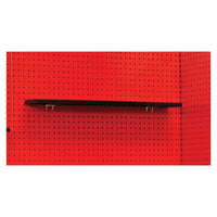 A Black Shelf Is Mounted On A 72 Inch Basic Workbench With Steel Top Perforated Pegboard Wall