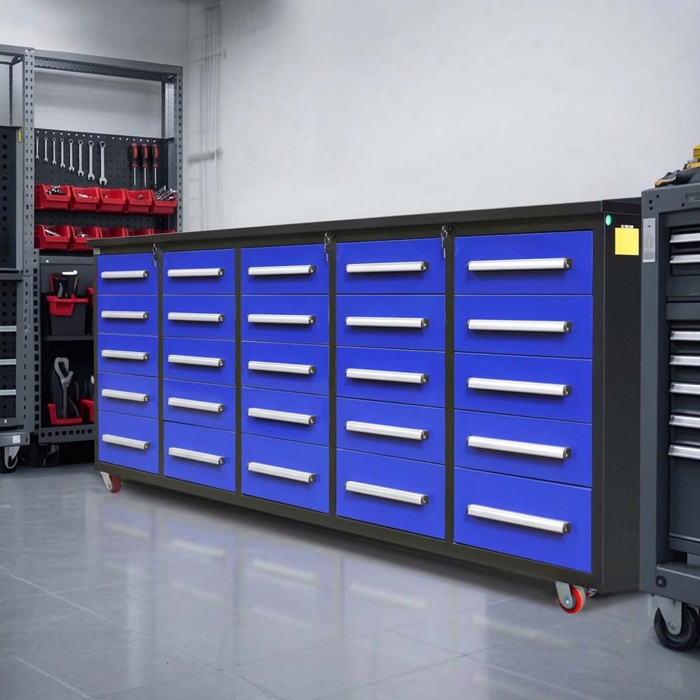 Chery Industrial 10 ft Workbench With 25 Drawers, Locking Tool Storage