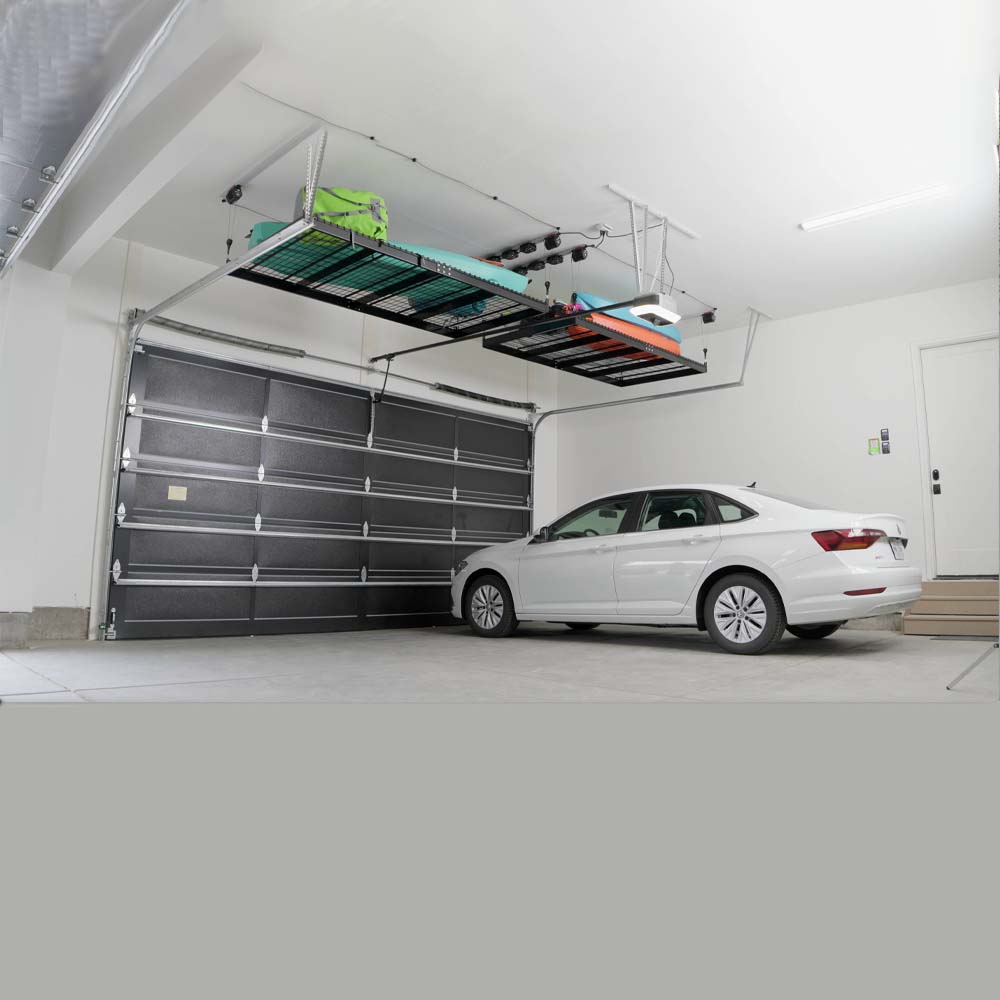 Garage with multiple SmarterHome overhead storage lifts