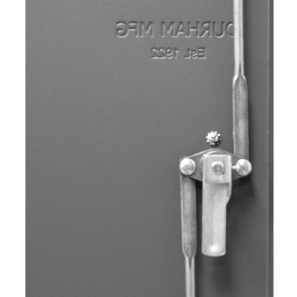 A Close Up Of A Metal Latch Mechanism Of 126 Blue Bins Cabinet Durham
