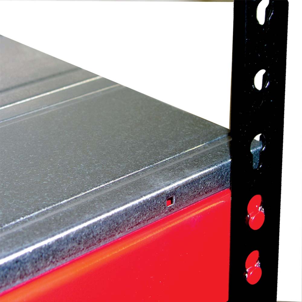 A Close Up Of A Metal Shelf Corner With A Black Vertical Support And A Red Horizontal Component Of Hallowell Secure Storage Workbench