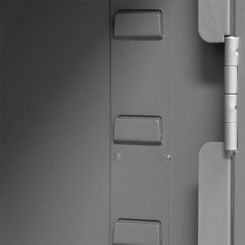 A Close Up Of Durham 126 Bin Cabinet Metal Door With A Hinge And Rectangular Protrusions