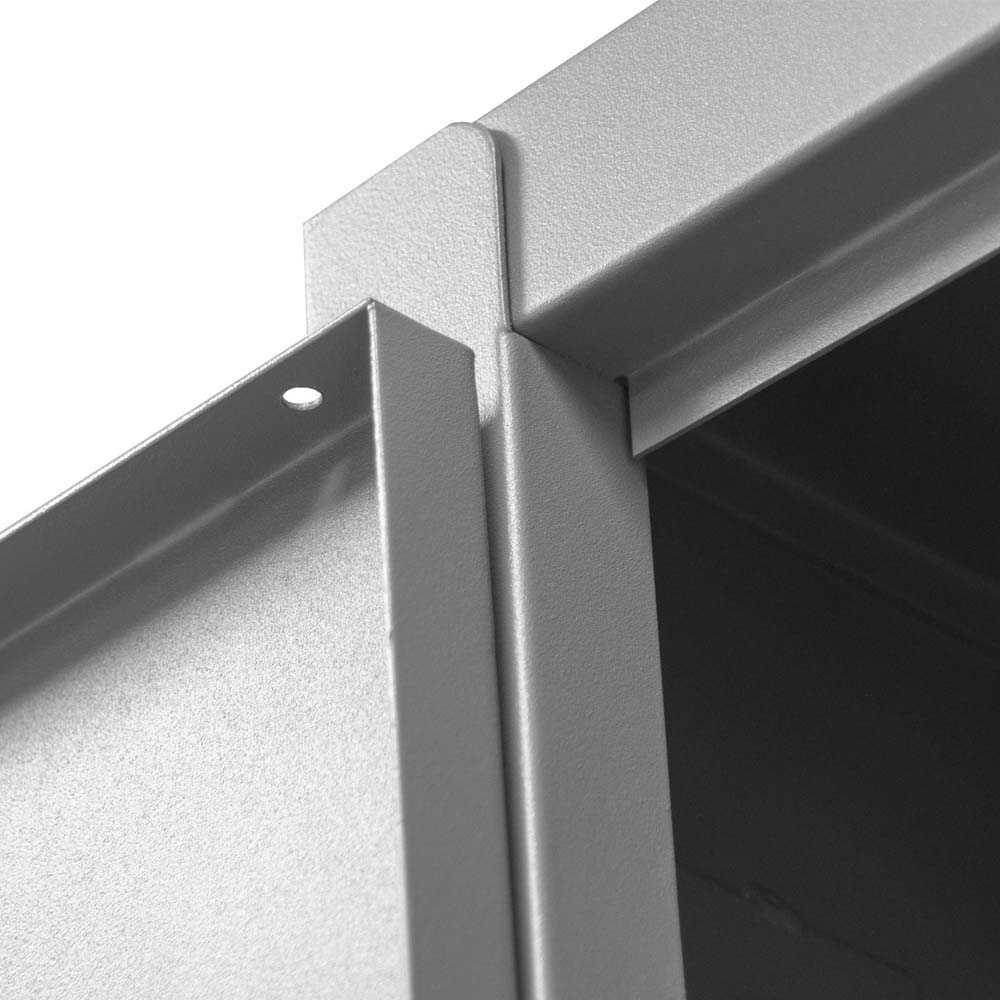 A Close Up Of Durham Cabinet With 126 Blue Bins Corner Joint With A Hole In One Of The Panels