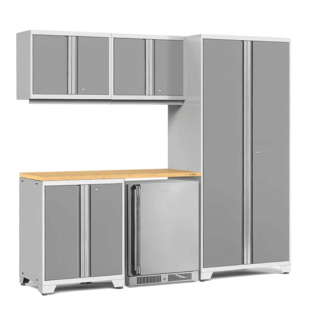 A Light Gray Garage Cabinet Set With Upper Wall Cabinets A Tall Locker A Wood Worktop And An Undercounter Stainless Beverage Fridge