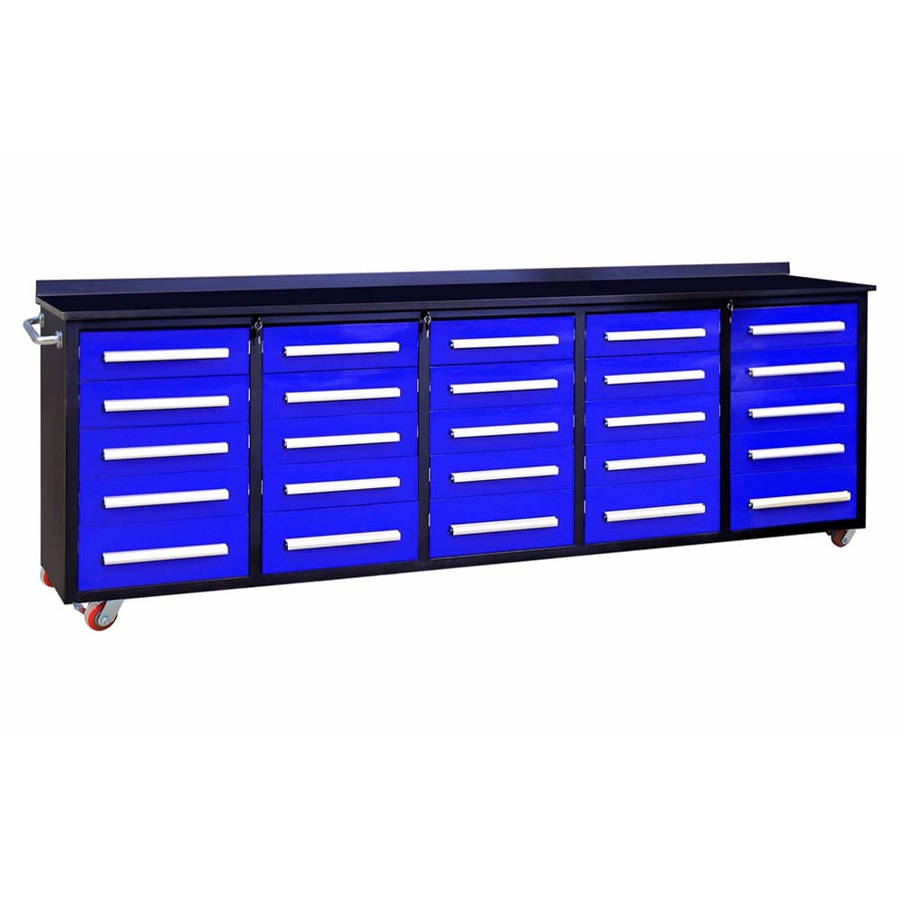 A Long Blue Drawer Workbench On Casters Has A Black Steel Top And White Pull Handles