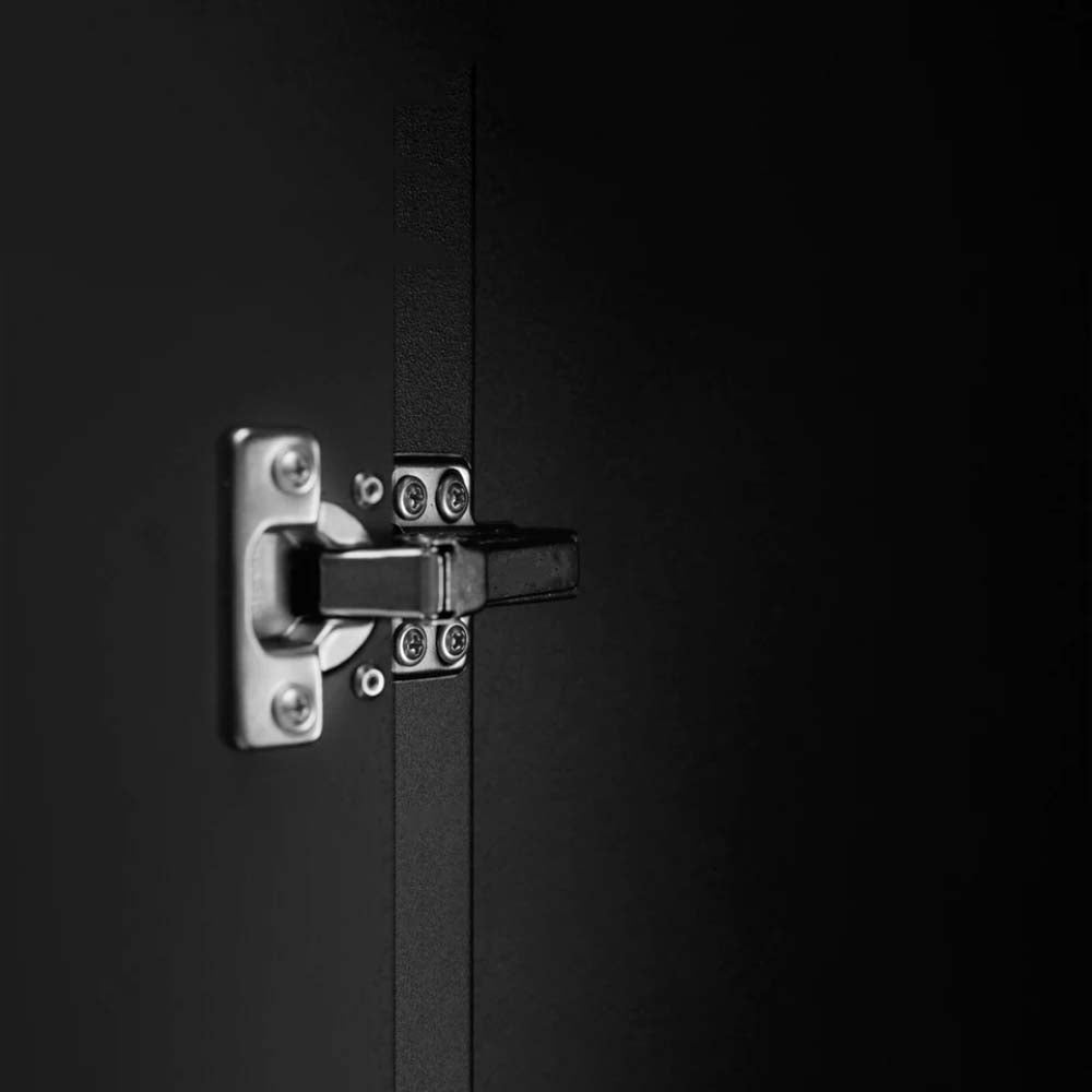 A Metal Hinge Affixed To Pro Series 8 Piece Cabinet Multi Function And 84 In Worktop With Several Visible Screws
