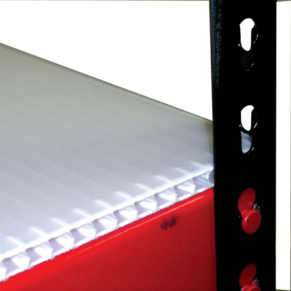 A Metal Shelf Corner Of Hallowell 132 Inch Open Storage Workbench With Steel Top With A Black Vertical Support And A Red Panel Beneath It