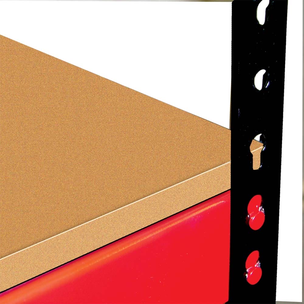 A Metal Shelving Unit With A Wooden Shelf And A Red Component Of 168 Inch Secure Storage Workbench With Wood Top