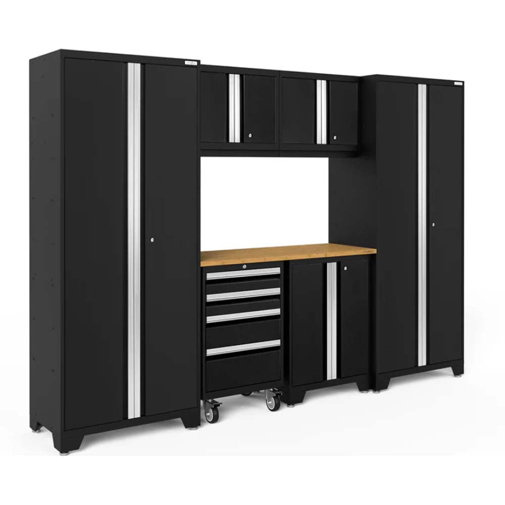 A Modular Black Garage Storage System With Two Tall Cabinets Three Overhead Cabinets A Wooden Worktop A Rolling Tool Chest With Drawers And A Lower Cabinet