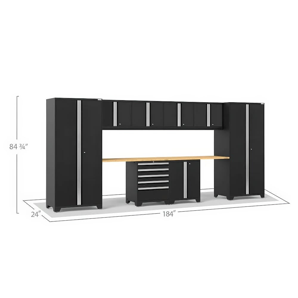 A Modular Garage Storage System With Tall Cabinets Wall-Mounted Units And A Central Workbench Is Displayed With Dimensions