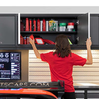 A Person Organizing Items In NewAge Pro 3.0 9 Piece Garage Set With Utility Cart Which Contains Various Supplies Tools And Equipment