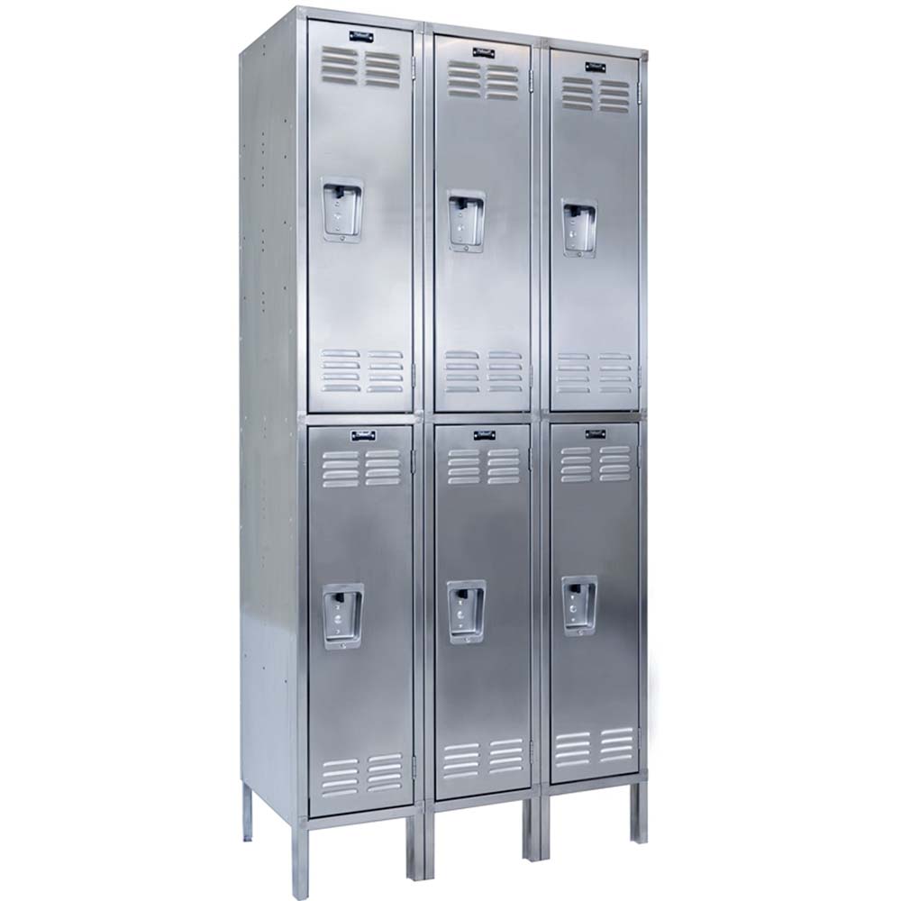 A Set Of Six 54 Inch Wide 3 Wide Assembled Stainless Steel Locker Arranged In Two Tiers Each With Vented Doors Built In Locks