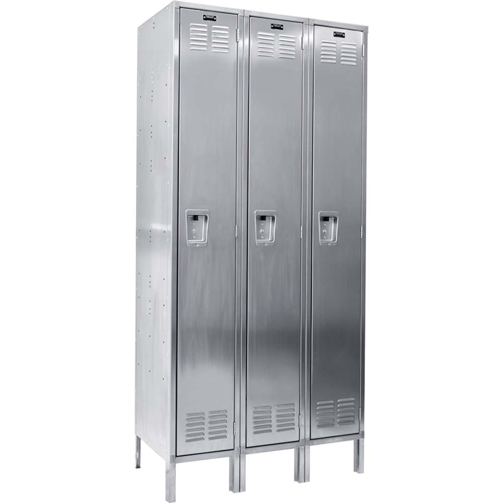 A Set Of Three Single Tier Stainless Steel Locker 3 Wide Assembled By Hallowell With Vented Doors And Handles