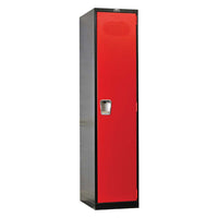 A Tall Narrow Locker With A Red Door And A Black Frame Of 72 Inch Workbench With Wood Top Featuring A Handle