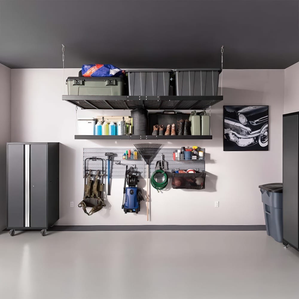 A Well-Organized Garage Wall Displays Overhead Shelves With Storage Bins Pegboards Holding Tools And Equipment