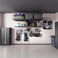 A Well-Organized Garage Wall Displays Overhead Shelves With Storage Bins Pegboards Holding Tools And Equipment