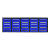 A Wide Blue And Black Storage Cabinet Features Five Columns Of Drawers