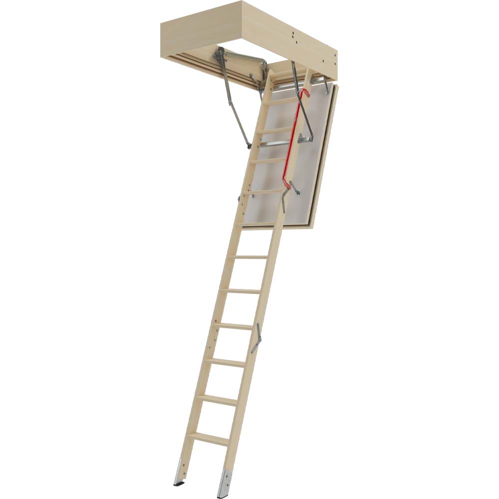 A Wooden Folding Attic Ladder Extended Downward From A Ceiling Frame