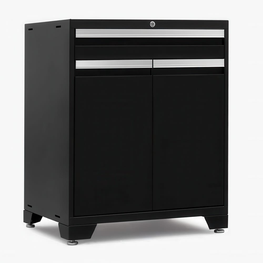All Black Metal Multifunction Cabinet With Sleek Silver Drawer Pulls And Tall Lockable Doors On Heavy Duty Feet