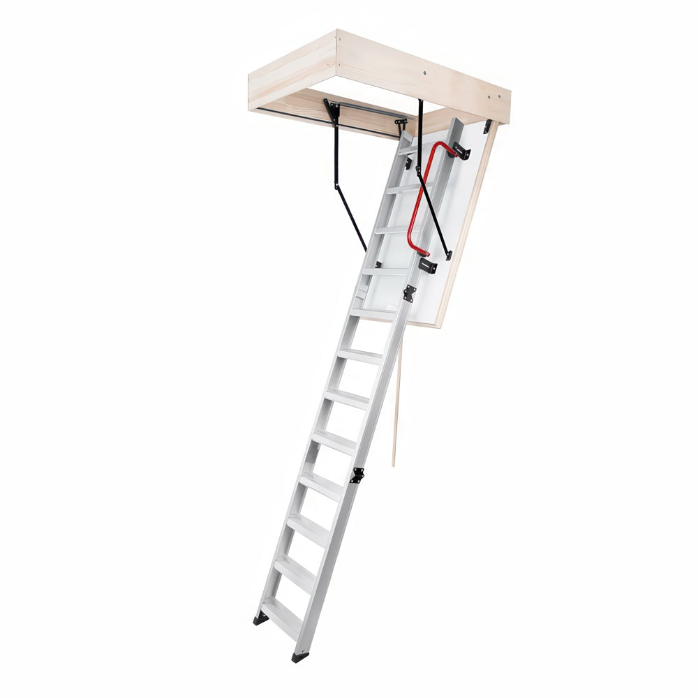 Aluminum Attic Ladder Extended From A Wood-Framed Ceiling Box With Red Safety Handrail And Black Support Arms
