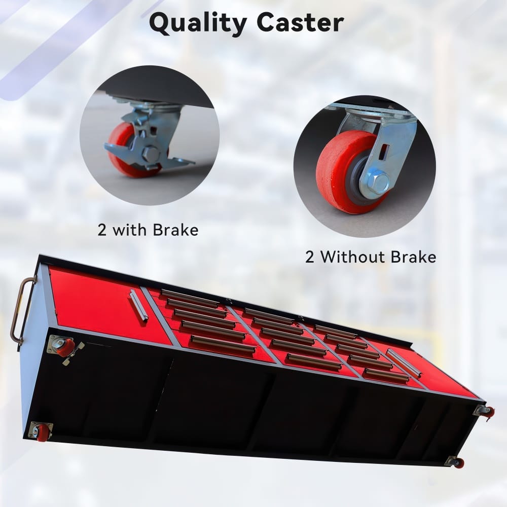 An Infographic Highlights The Workbench Cabinet s Red Casters With Close Up Views