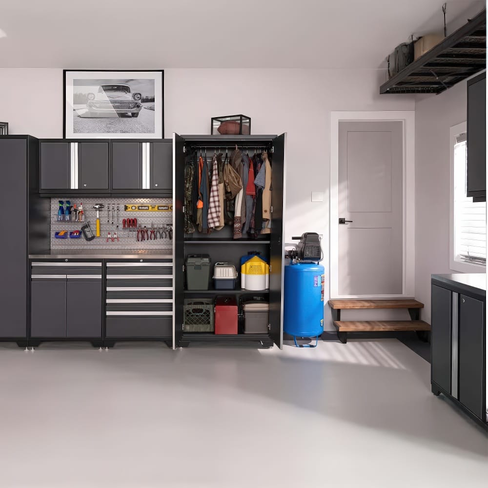 An Open Garage Cabinet Reveals Neatly Hung Clothing And Organized Storage Bins