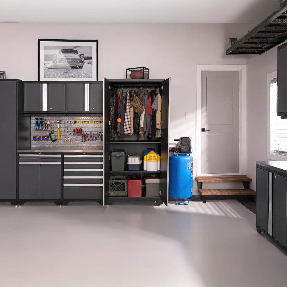 An Open Tall Cabinet Reveals Hanging Coats And Neatly Stored Bins Beside A Pegboard Tool Station