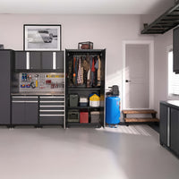 An Open Tall Cabinet Reveals Hanging Coats And Neatly Stored Bins Beside A Pegboard Tool Station
