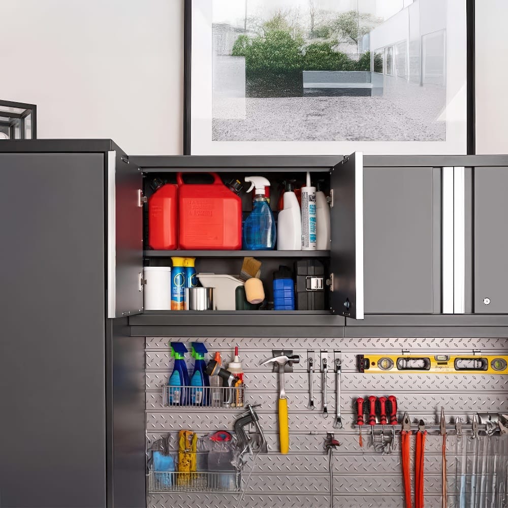 An Open Wall Cabinet Above A Diamond Plate Tool Board Reveals Neatly Arranged Spray Bottles Gas Cans And Cleaning Supplies
