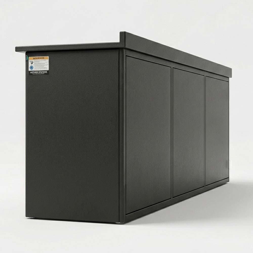 Angled Back View Shows A Long Black Workbench Cabinet Base