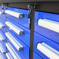 Angled Closeup Of A Blue Drawer Cabinet Shows White Bar Handles And A Locking Mechanism