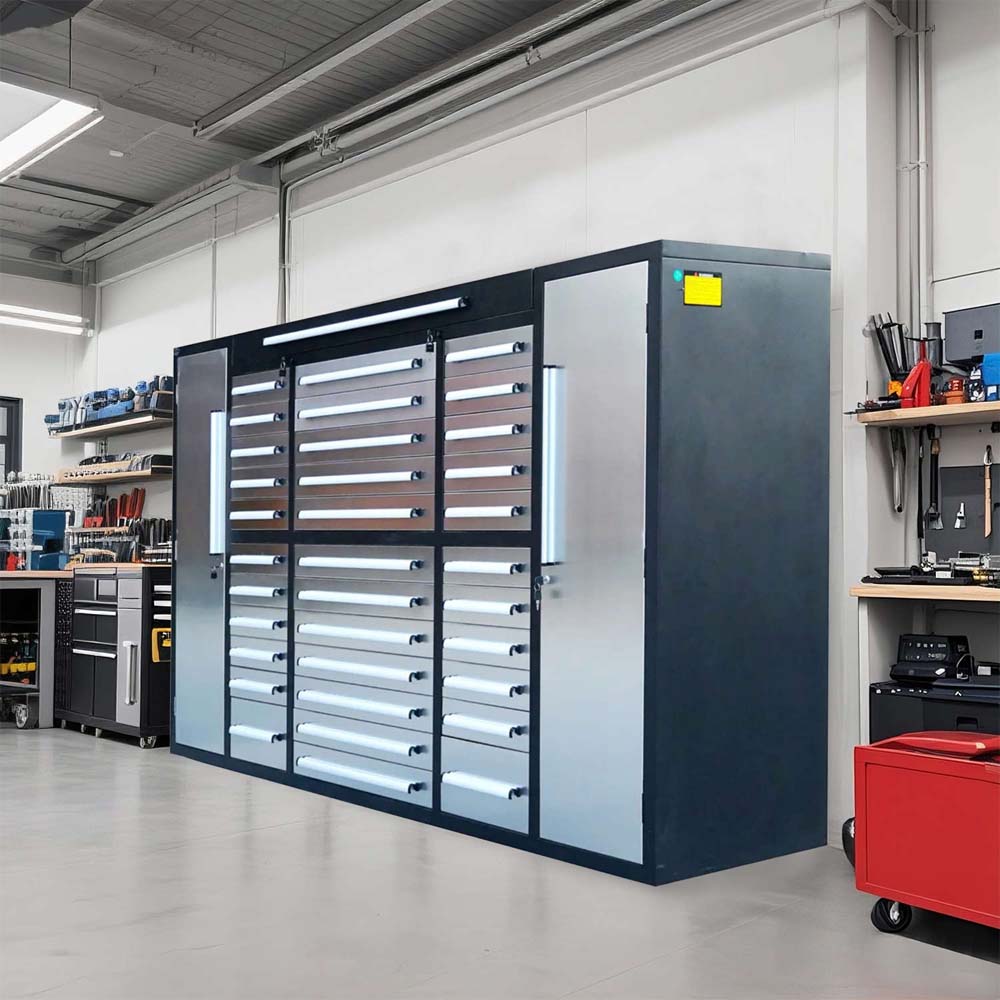 Angled View Of A Black And Silver Garage Storage System With Stacked Drawers