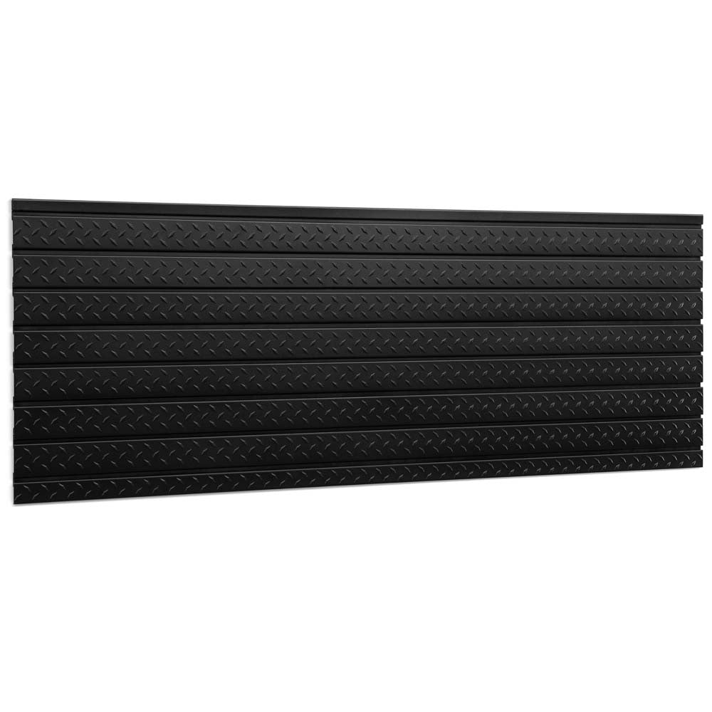 Angled View Of A Black Diamond Plate Garage Slatwall Panel On A White Backdrop