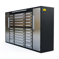Angled View Of A Black Tool Cabinet With Multiple Silver Drawers