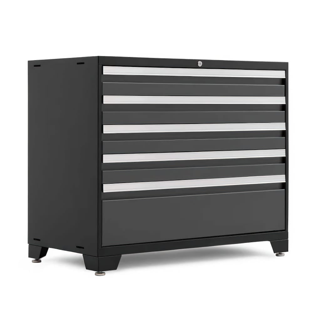 Angled View Of A Black Tool Cabinet With Six Drawers Fully Extended And Silver Handles