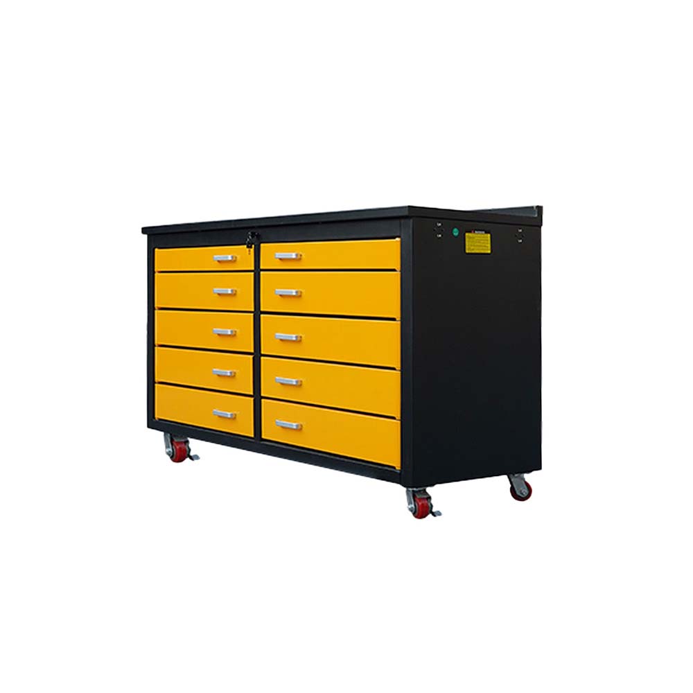 Angled View Of A Black Tool Cabinet With Ten Yellow Drawers And Rolling Casters