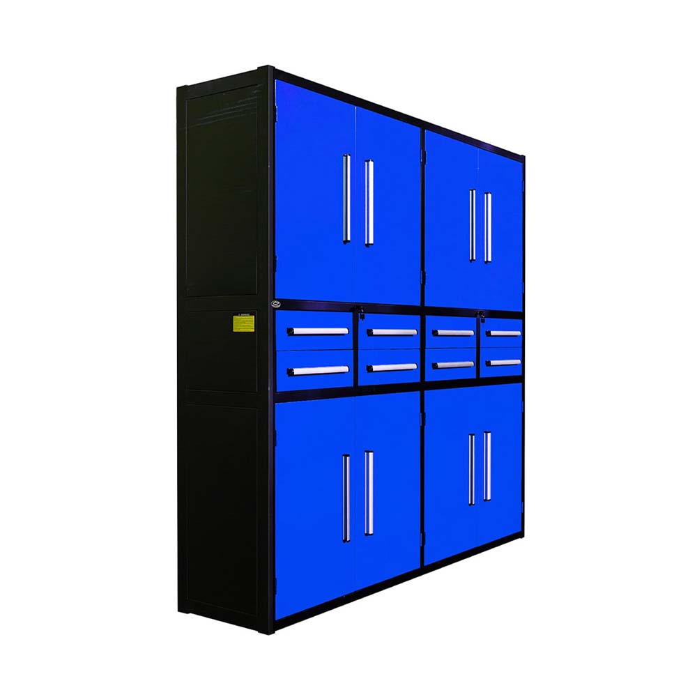 Angled View Of A Blue Steel Storage Cabinet With Four Double Doors And Four Center Drawers