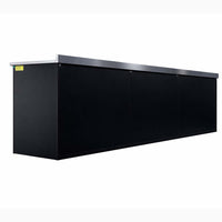 Angled View Of A Long Black Garage Cabinet Base With A Stainless Steel Work Top